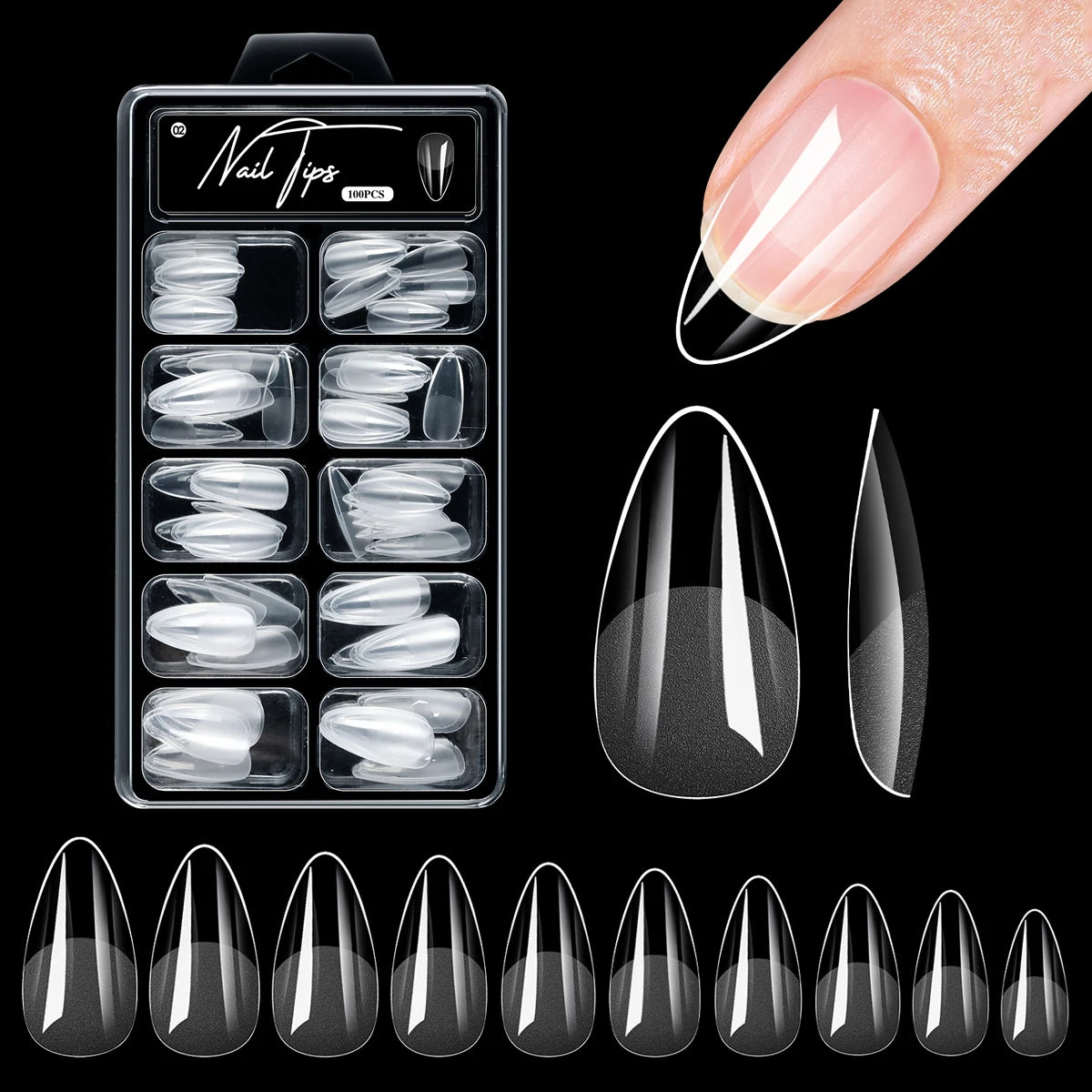 Clear Almond Press-On Nail Tips — Short Soft Gel Full Cover Set