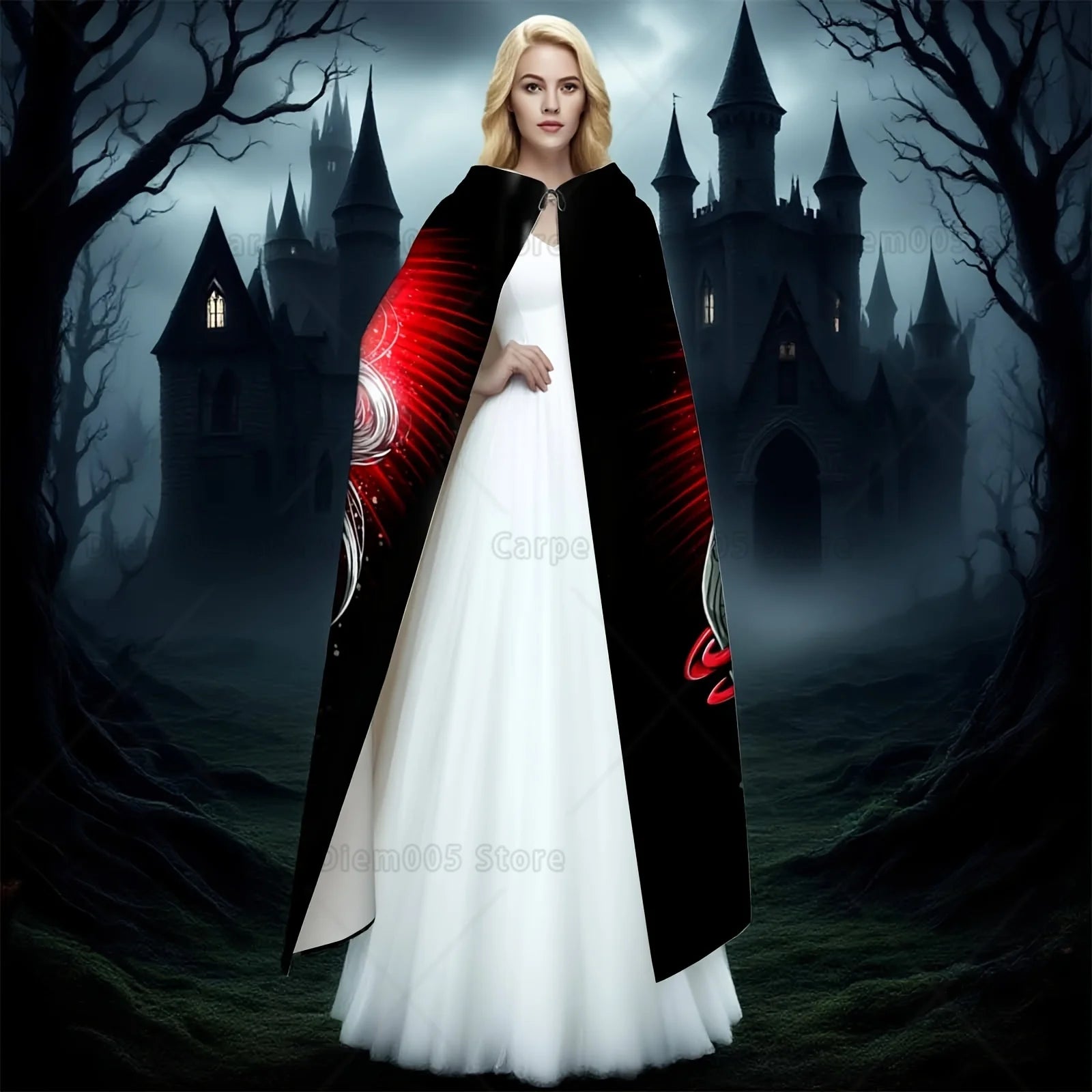 1pc Vintage Style Polyester Hooded Cloak with Sugar Skull, Red Roses & Floral Print - Halloween Costume for Adults Witch