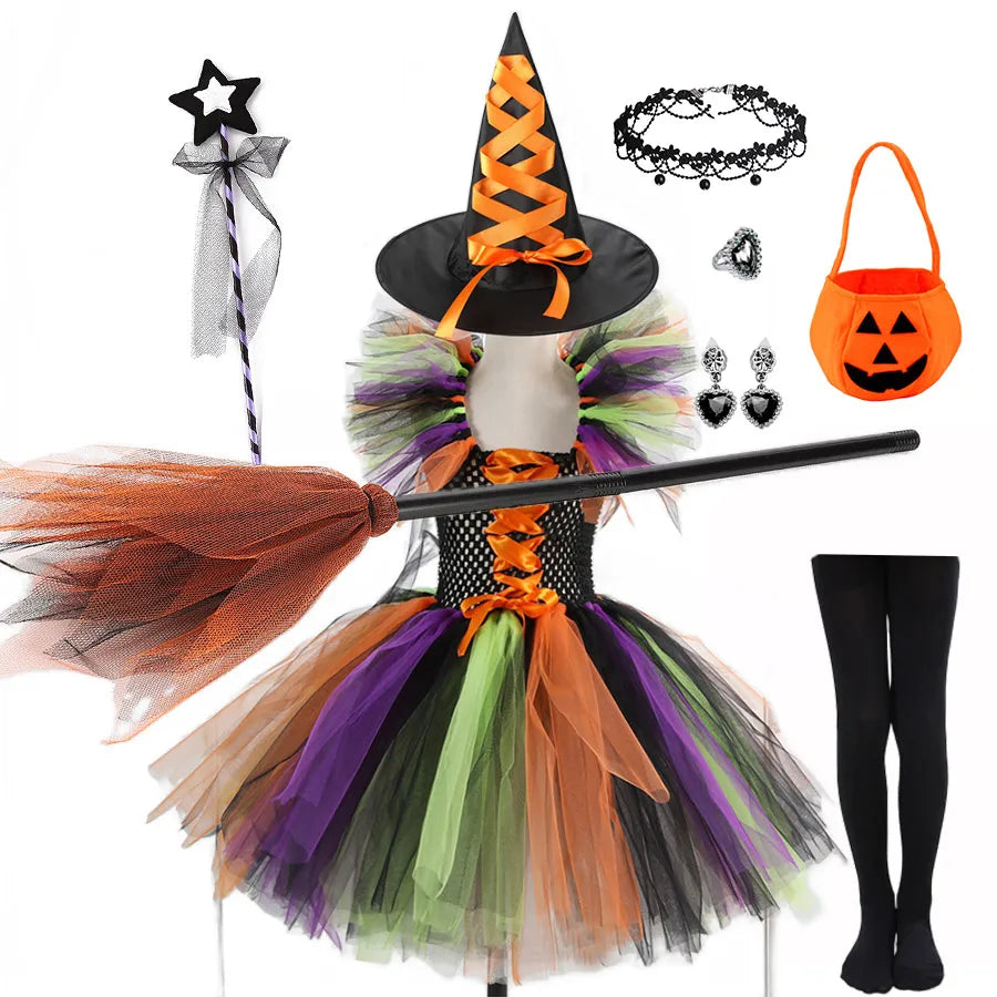 2 Pieces Witch Tutu Dress with Hat Girls All Saint's Day Bruja Wizard Costume Role Play Toddler Halloween Party Fairy Witch Gown
