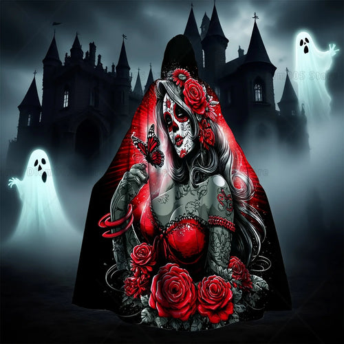 1pc Vintage Style Polyester Hooded Cloak with Sugar Skull, Red Roses & Floral Print - Halloween Costume for Adults Witch