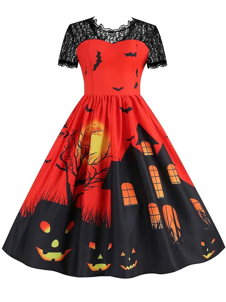 Women's Vintage Lace Halloween Dress Short Sleeve Elegant Evening Prom Costume 50s 60s Party Vintage Style