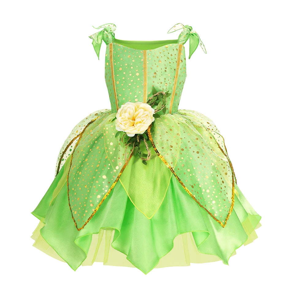 Girls TinkerBell Costume Halloween Costume Green Fancy Dress Fairy Princess Cosplay Carnival Party Costume