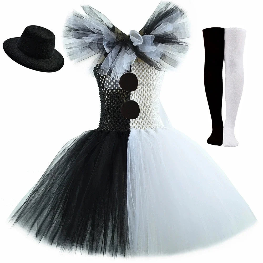 Halloween Girls Black White Tutu Dress Kids Cosplay Scary Clown Costume Girl Carnival Party Dress Up Clothing