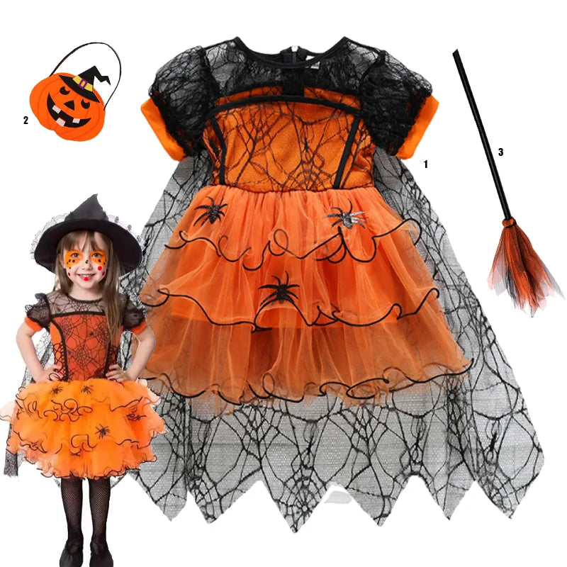 2-7Y Halloween Witch Cosplay Party Dress Cute Spider Mesh Cape Clothes Halloween Costumes for Baby Carnival Party Gifts