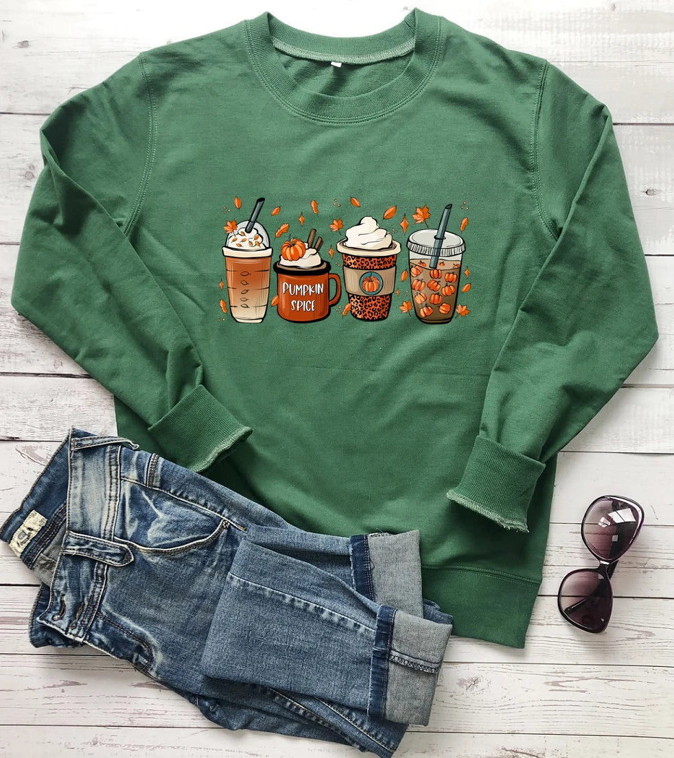 PUMPKIN SPICE Colored Sweatshirt Fall coffee Sweats halloween pullovers Women fashion casual 100%cotton vintage top