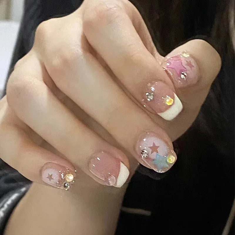 Star Chain Rhinestone Press-On Nails — French Square Tips (24pc Set)