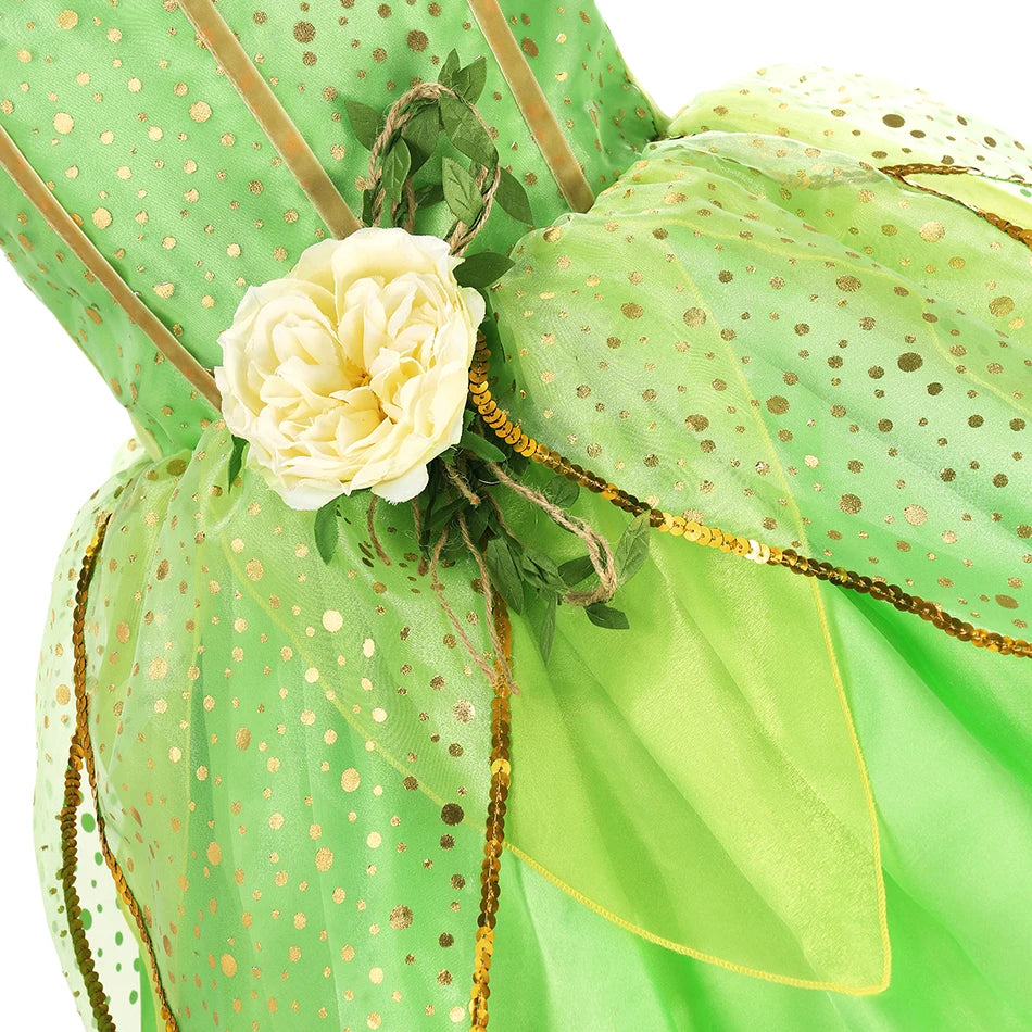 Girls TinkerBell Costume Halloween Costume Green Fancy Dress Fairy Princess Cosplay Carnival Party Costume