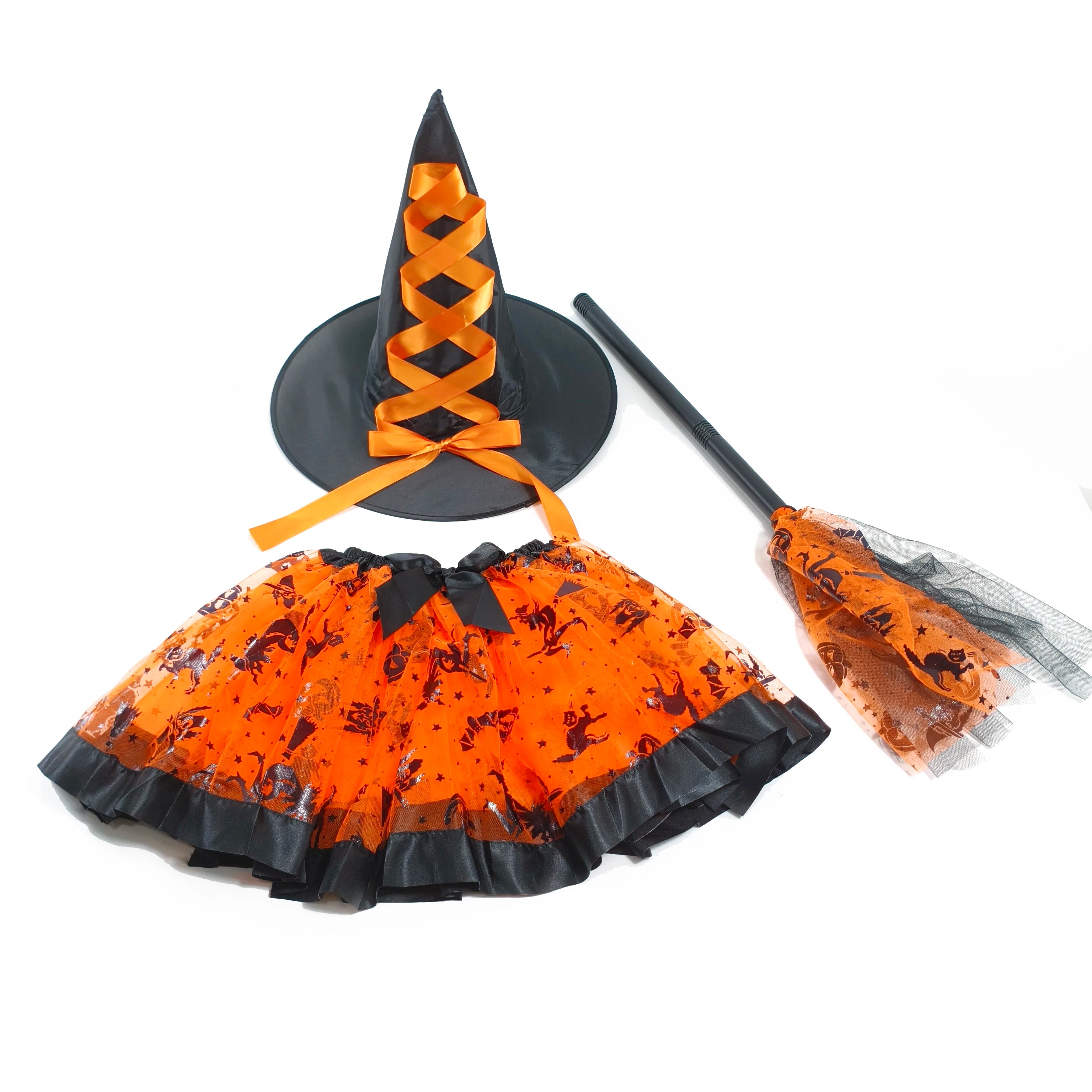 Halloween Adults Witch Costume Set Tulle Skirt Hat and Broom Complete Your Witch Look a Black Witch Hat and a Spooky Broom