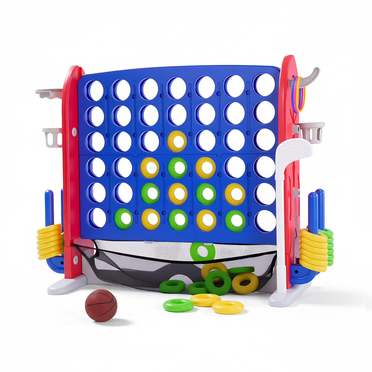 4-in-1 Giant Outdoor Game Set | Connect, Basketball, Ring Toss & Net