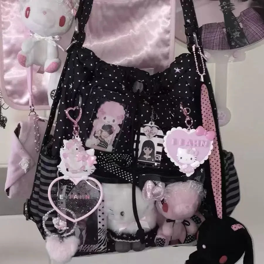 Girls Sweet and Cute Polka Dot Backpack Ita Bag New Large Capacity Single Shoulder Bag Dolls Bag Drawstring Commuter Backpack