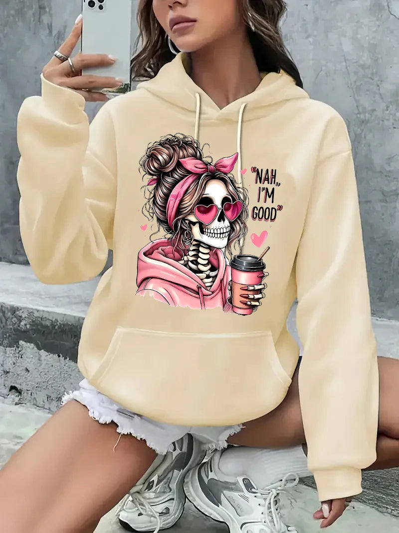 Hoodie Halloween Skull Portrait Skeleton Graphic Print Long Sleeve Sweatshirt Clothing Vintage 2000s Hoody Autumn Winter