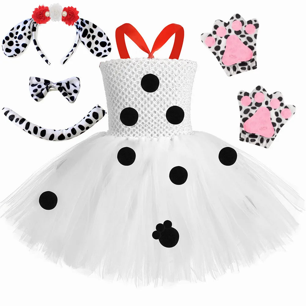 Toddler Girls Dalmatian Dog Costume Polka Dot Spotted Puppy Tutu Dress 101 Dalmatians Costume for Kids Halloween Party Dress Up