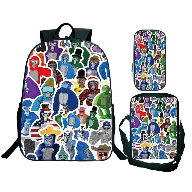 Gorilla Tag Backpack 3pc Set | Boys Cartoon School Bag with Shoulder Bag & Pencil Case