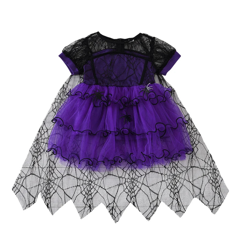 2-7Y Halloween Witch Cosplay Party Dress Cute Spider Mesh Cape Clothes Halloween Costumes for Baby Carnival Party Gifts