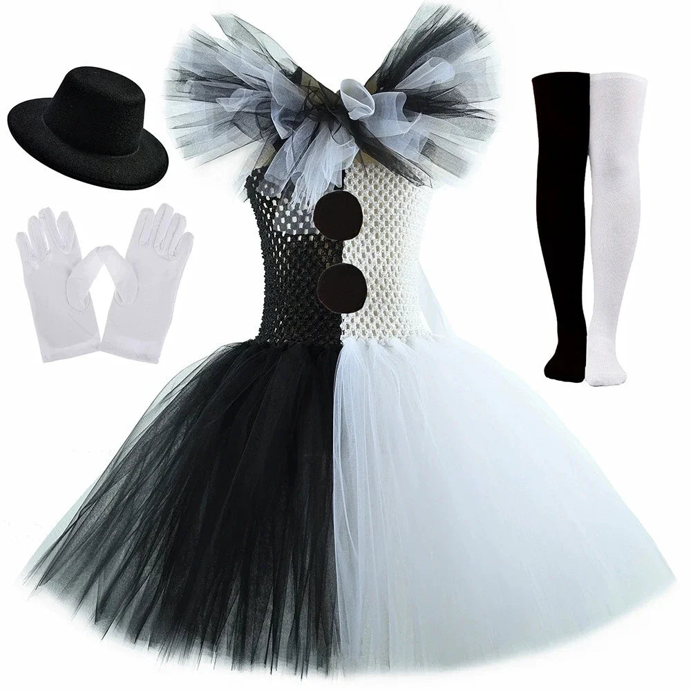 Halloween Girls Black White Tutu Dress Kids Cosplay Scary Clown Costume Girl Carnival Party Dress Up Clothing