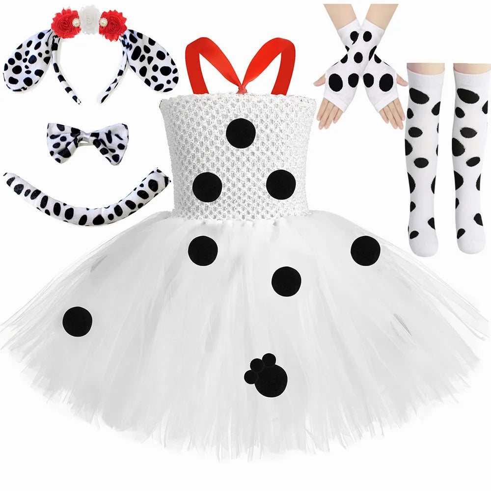 Toddler Girls Dalmatian Dog Costume Polka Dot Spotted Puppy Tutu Dress 101 Dalmatians Costume for Kids Halloween Party Dress Up