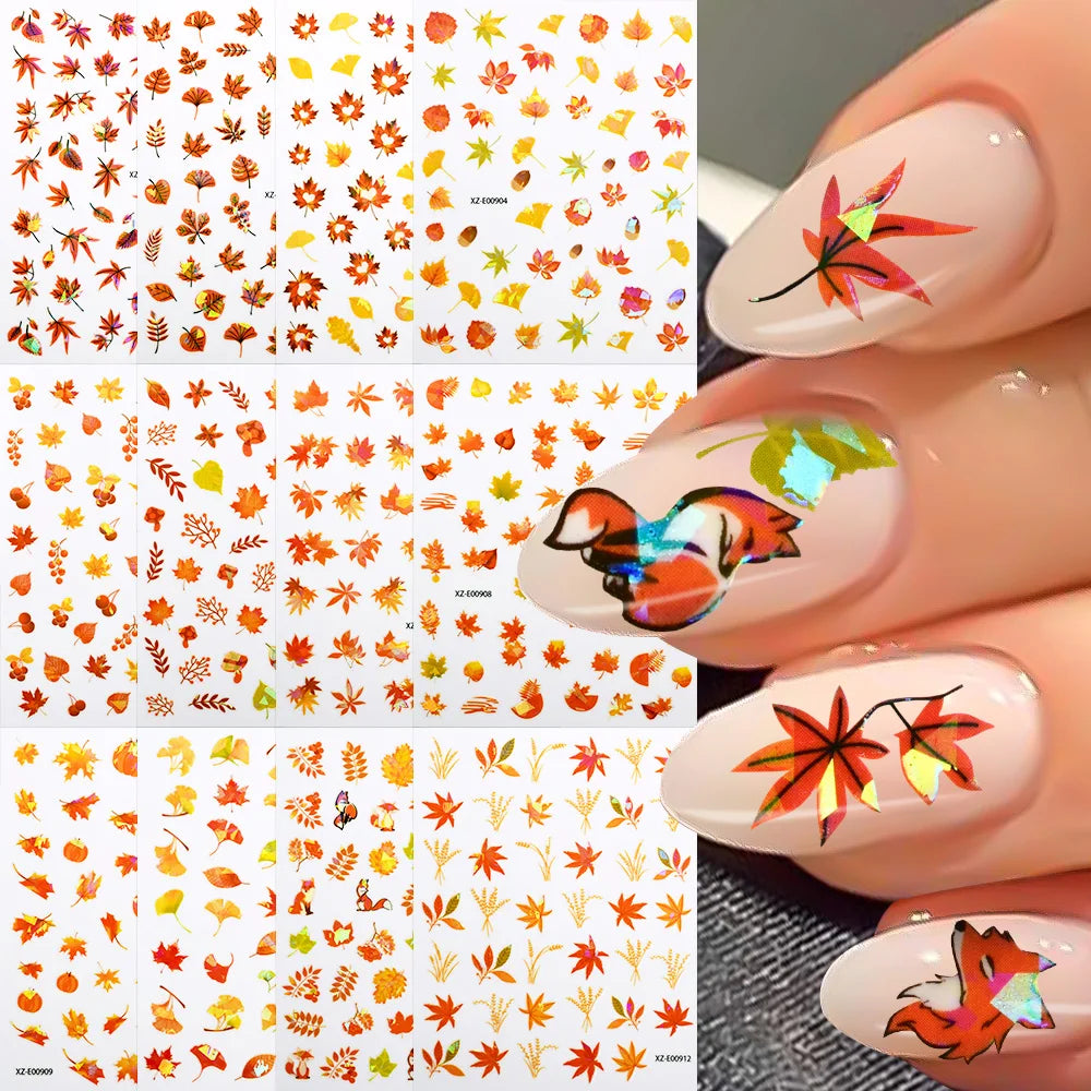 6/12Pcs 3D Halloween Maple Leaf Pumpkin Nail Stickers Ginkgo Leaves Fox Adhesive Decals Thanksgiving Autumn Manicure Decorations