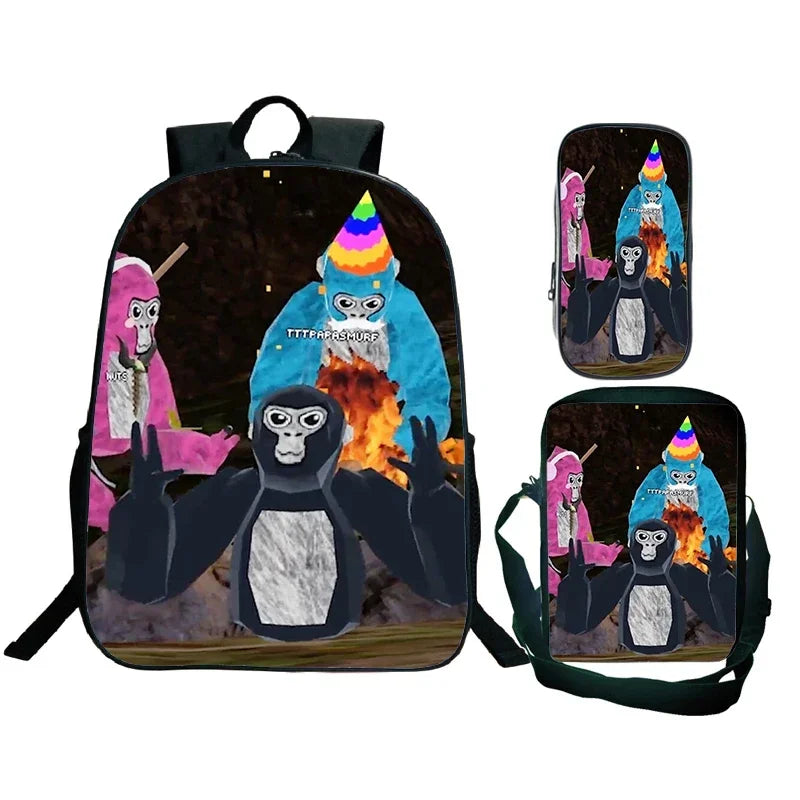 Gorilla Tag Backpack 3pc Set | Boys Cartoon School Bag with Shoulder Bag & Pencil Case