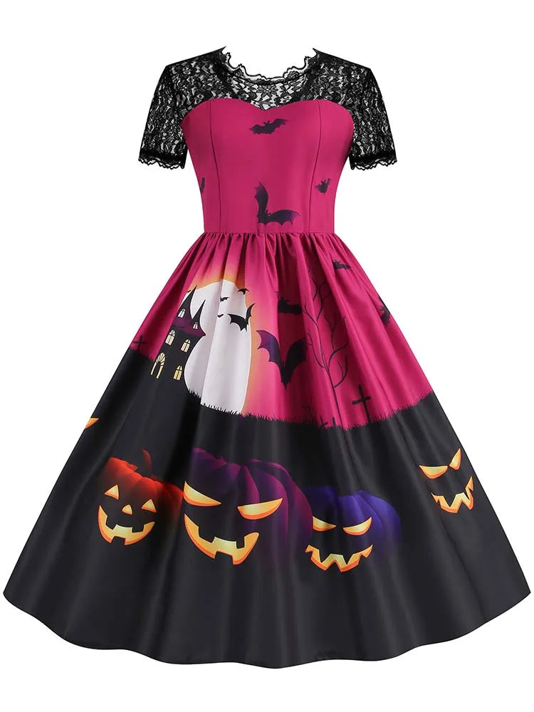 Women's Vintage Lace Halloween Dress Short Sleeve Elegant Evening Prom Costume 50s 60s Party Vintage Style