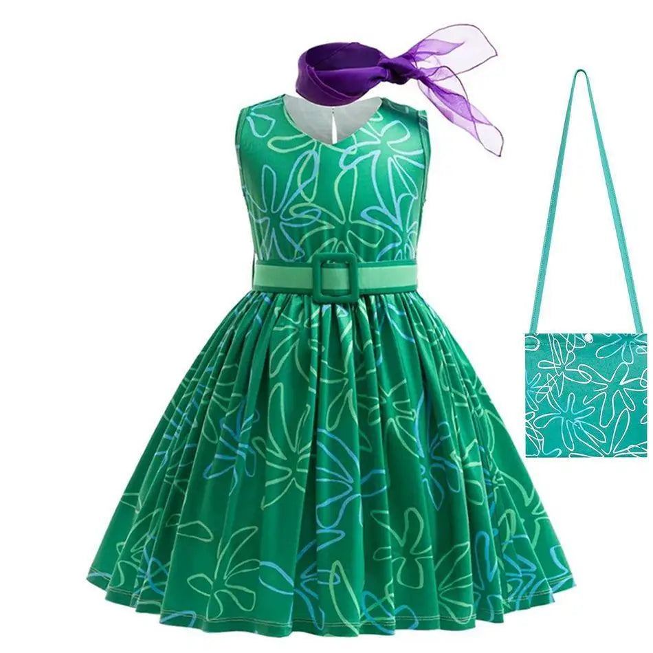 Joy Costume Children Green Printed Polyester Dress Halloween Party Costume for Girls Cute Cartoon Style Cosplay Wear