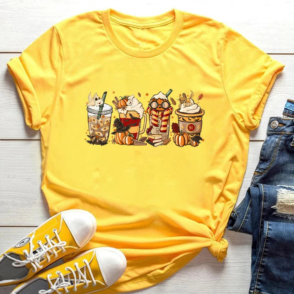 Halloween Horror Coffee T-shirt HP Wizard Fall Shirt Pumpkin Spice Magic 9 3/4 Always Women Graphic Tees Coffee Lover Clothes