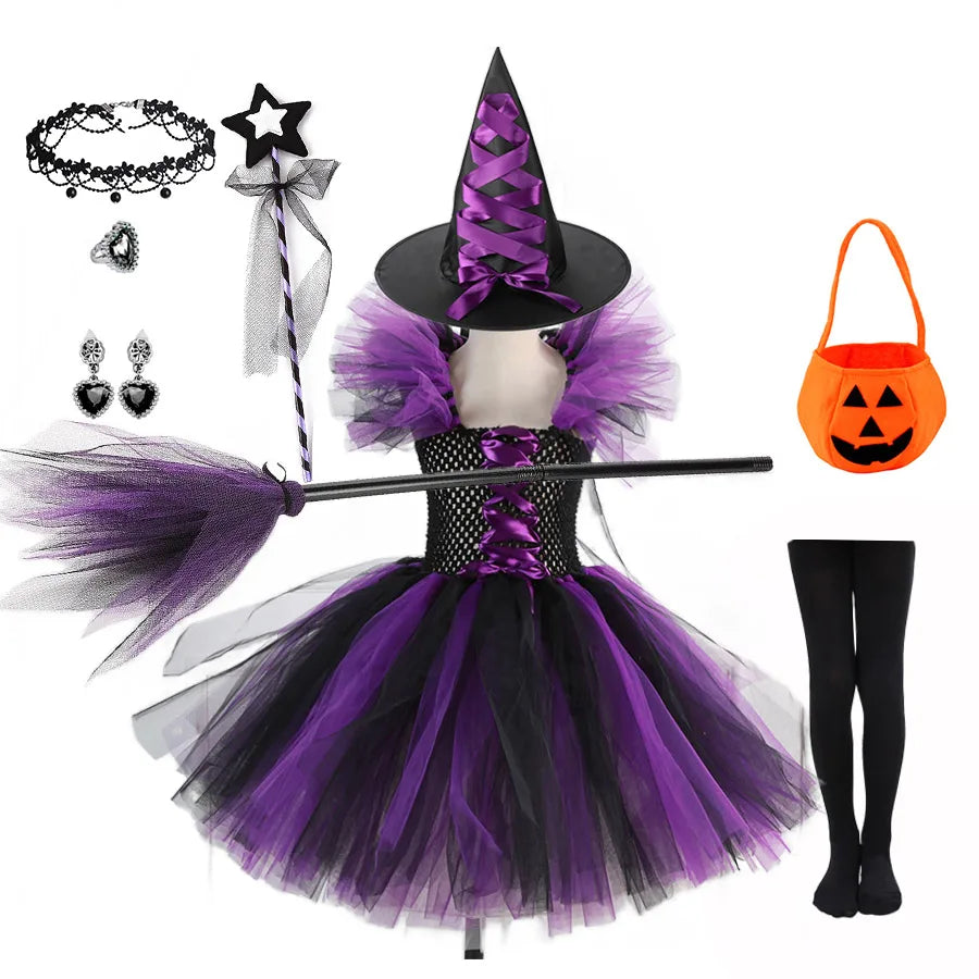 2 Pieces Witch Tutu Dress with Hat Girls All Saint's Day Bruja Wizard Costume Role Play Toddler Halloween Party Fairy Witch Gown