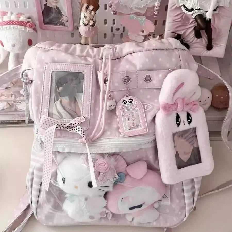 Girls Sweet and Cute Polka Dot Backpack Ita Bag New Large Capacity Single Shoulder Bag Dolls Bag Drawstring Commuter Backpack