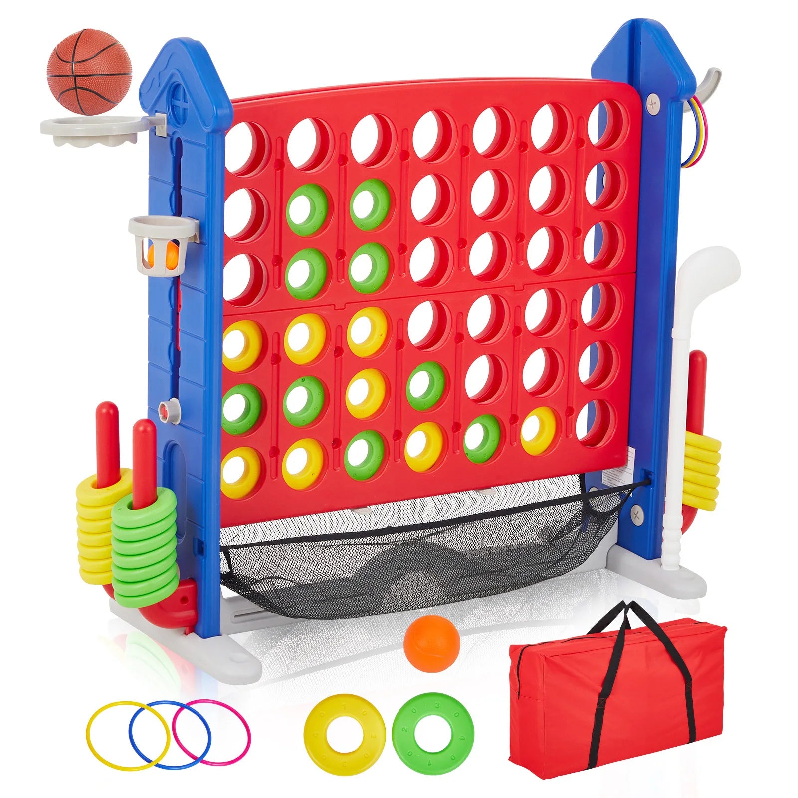 4-in-1 Giant Outdoor Game Set | Connect, Basketball, Ring Toss & Net