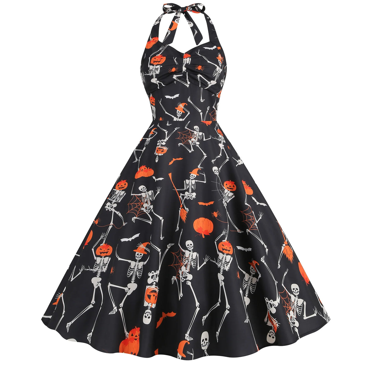 Halloween Costumes for Women Skull Print Halter Dress Sleeveless Tunic Vintage Party Dresses Goth Clothes Masquerade Vestidos