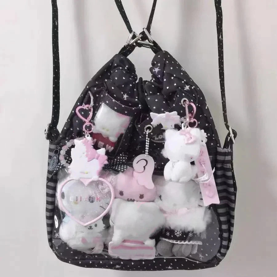 Girls Sweet and Cute Polka Dot Backpack Ita Bag New Large Capacity Single Shoulder Bag Dolls Bag Drawstring Commuter Backpack