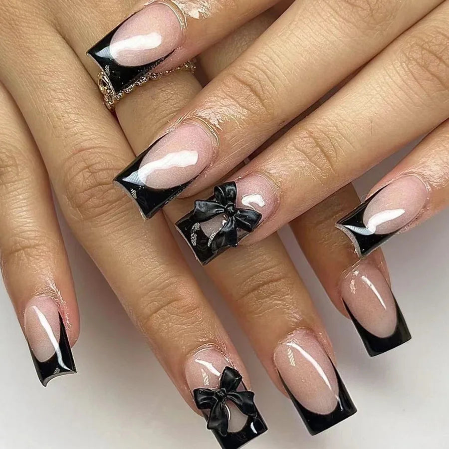 Star Chain Rhinestone Press-On Nails — French Square Tips (24pc Set)
