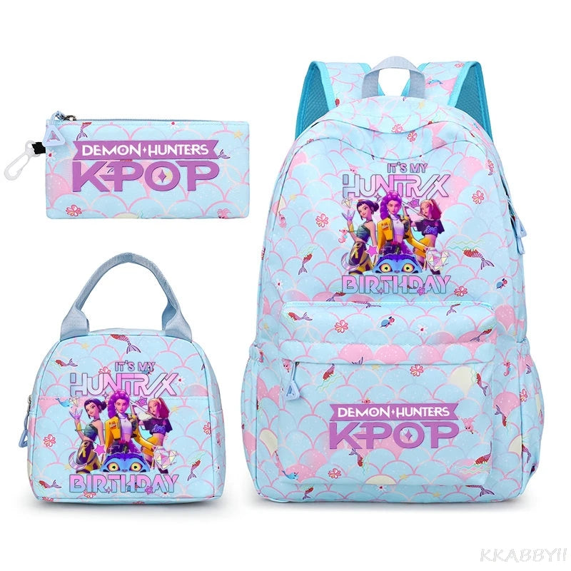 Fashion KPop Demon Hunters Backpacks 3pcs Rumi Mira Zoey HUNTR/ Boys School Bags For Women Girls Kawaii Capacity Mochilas