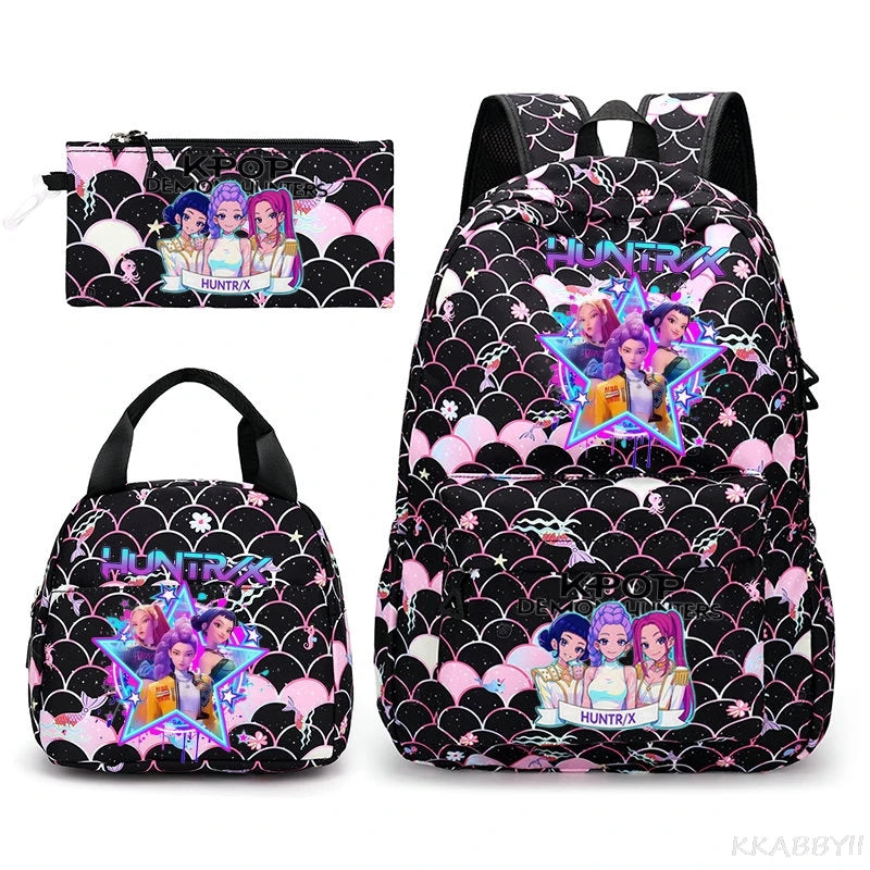 Fashion KPop Demon Hunters Backpacks 3pcs Rumi Mira Zoey HUNTR/ Boys School Bags For Women Girls Kawaii Capacity Mochilas