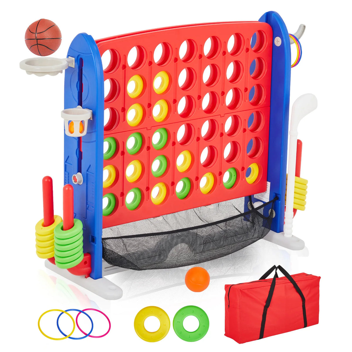 4-in-1 Giant Outdoor Game Set | Connect, Basketball, Ring Toss & Net