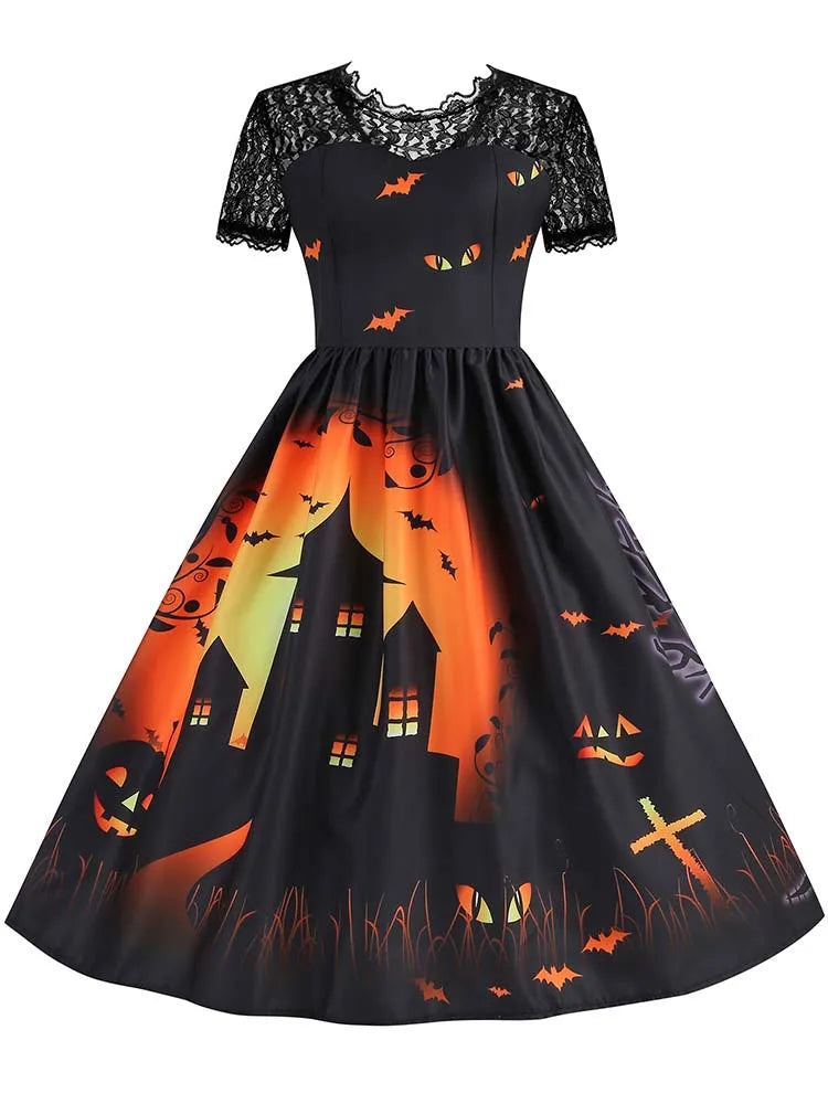 Women's Vintage Lace Halloween Dress Short Sleeve Elegant Evening Prom Costume 50s 60s Party Vintage Style
