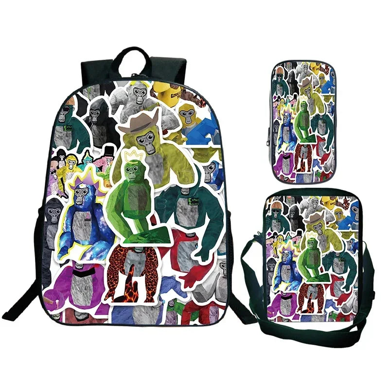 Gorilla Tag Backpack 3pc Set | Boys Cartoon School Bag with Shoulder Bag & Pencil Case