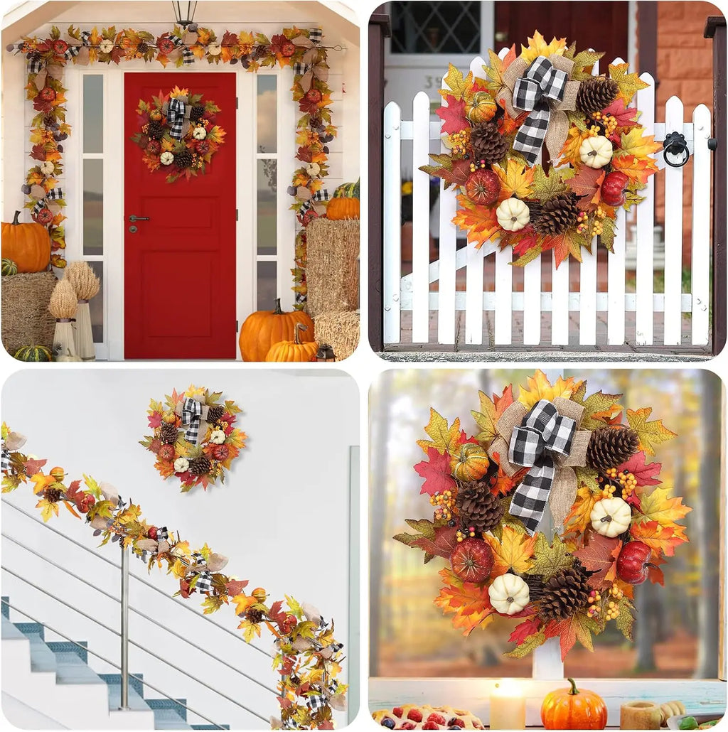 Garvee 20Inch Halloween Pumpkins Fall Wreath Artificial Flower Wreath for Front Door Outside Fall Decorations for Home Large Autumn Wreath with Bow Pumpkin Thanksgiving