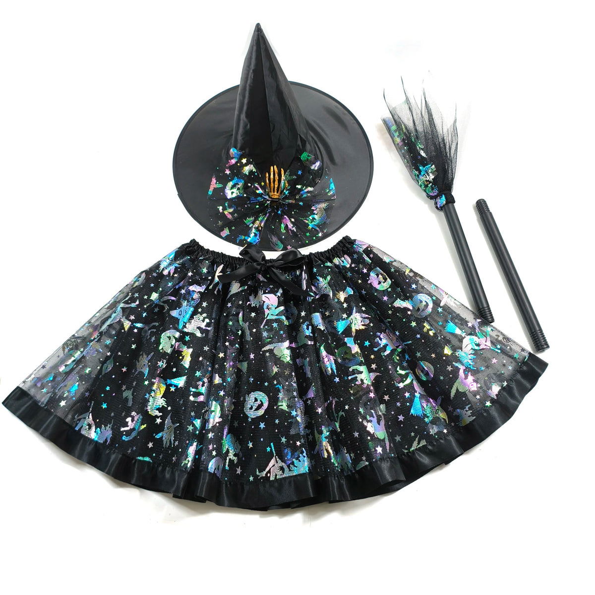Halloween Adults Witch Costume Set Tulle Skirt Hat and Broom Complete Your Witch Look a Black Witch Hat and a Spooky Broom