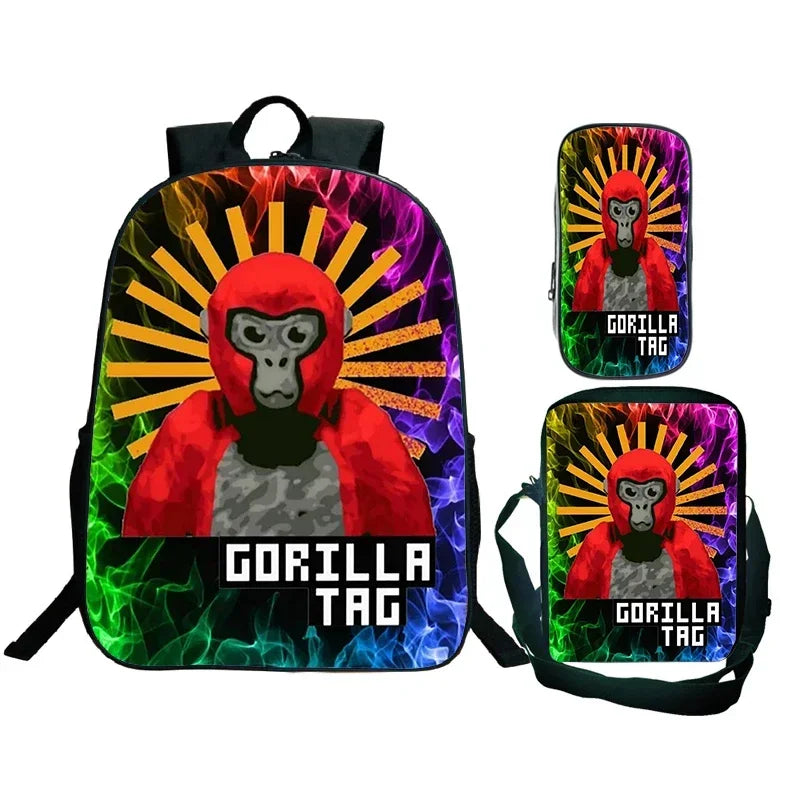 Gorilla Tag Backpack 3pc Set | Boys Cartoon School Bag with Shoulder Bag & Pencil Case