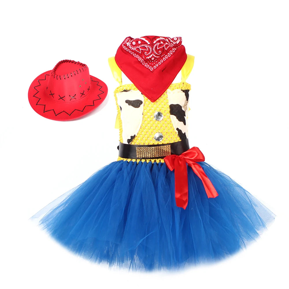 Cow Girl Tutu Dress with Hat Jessie Woody Inspired Kids Halloween Cosplay Costume Baby Carnival Holidays Party Fancy Clothing