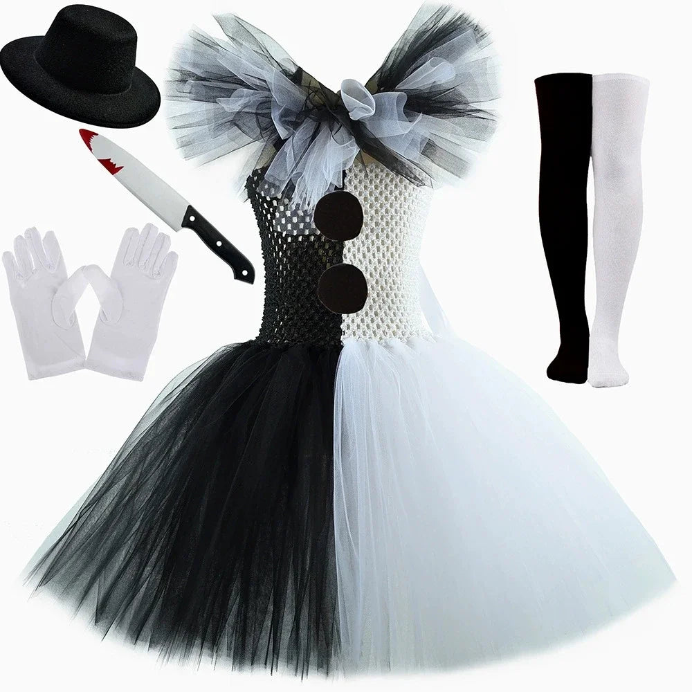 Halloween Girls Black White Tutu Dress Kids Cosplay Scary Clown Costume Girl Carnival Party Dress Up Clothing