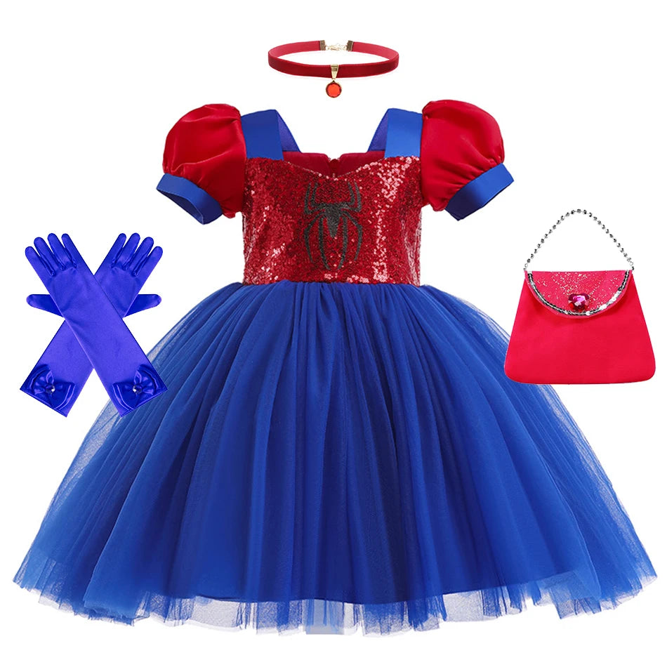 Little Girls Spider Print Dress Kids Sequins Tulle Frocks Children Halloween Theme Party Costume Summer Birthday Surprise Gift