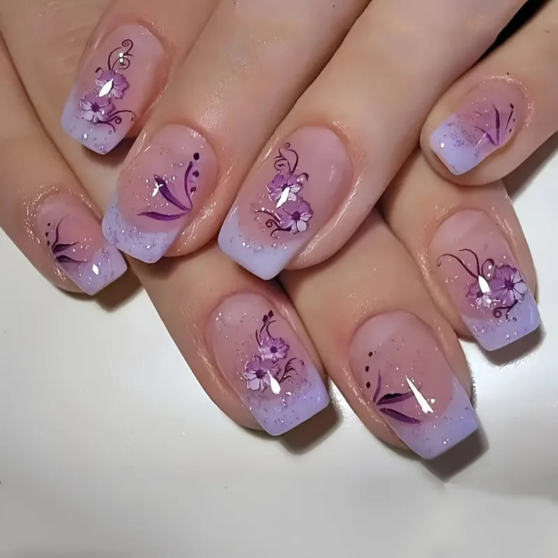 Star Chain Rhinestone Press-On Nails — French Square Tips (24pc Set)