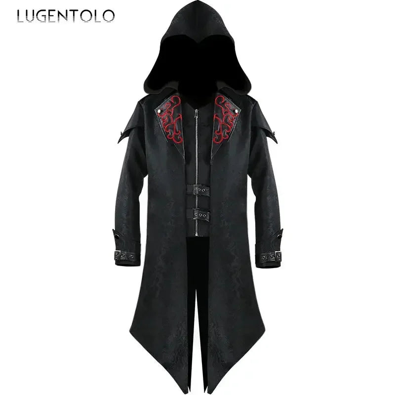 Men Goth Tailcoat Jacket Steampunk Uniform Hoodie Zipper Medieval Halloween Party Vintage Renaissance Costume Cosplay Coat