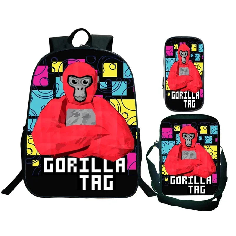 Gorilla Tag Backpack 3pc Set | Boys Cartoon School Bag with Shoulder Bag & Pencil Case