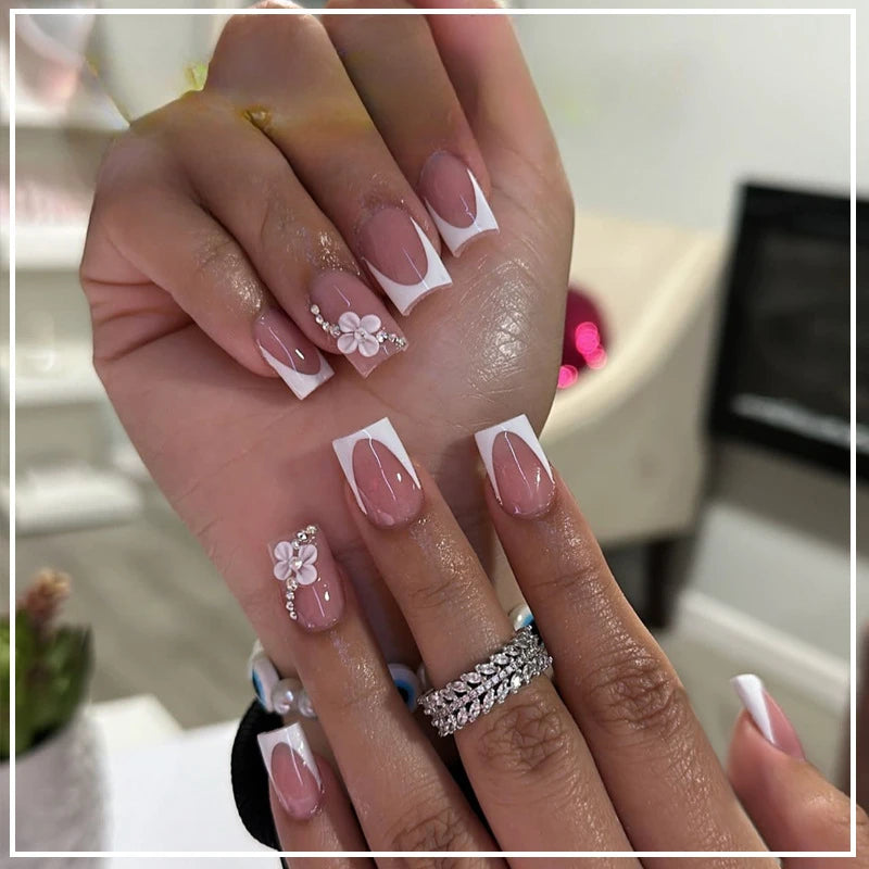 Star Chain Rhinestone Press-On Nails — French Square Tips (24pc Set)