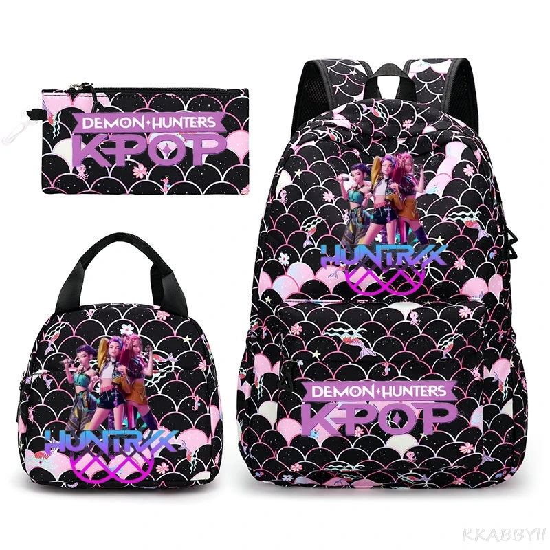 Fashion KPop Demon Hunters Backpacks 3pcs Rumi Mira Zoey HUNTR/ Boys School Bags For Women Girls Kawaii Capacity Mochilas