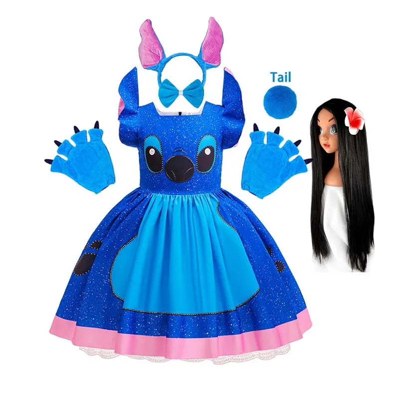 Cartoon Cute Movie Stittch Dress for Girls Role Playing Costume Stage Performance Halloween Carnival Children's Dress Up Gifts