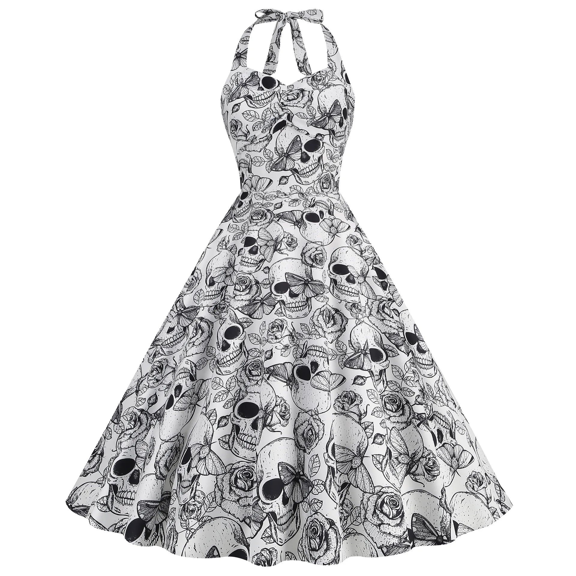Halloween Costumes for Women Skull Print Halter Dress Sleeveless Tunic Vintage Party Dresses Goth Clothes Masquerade Vestidos