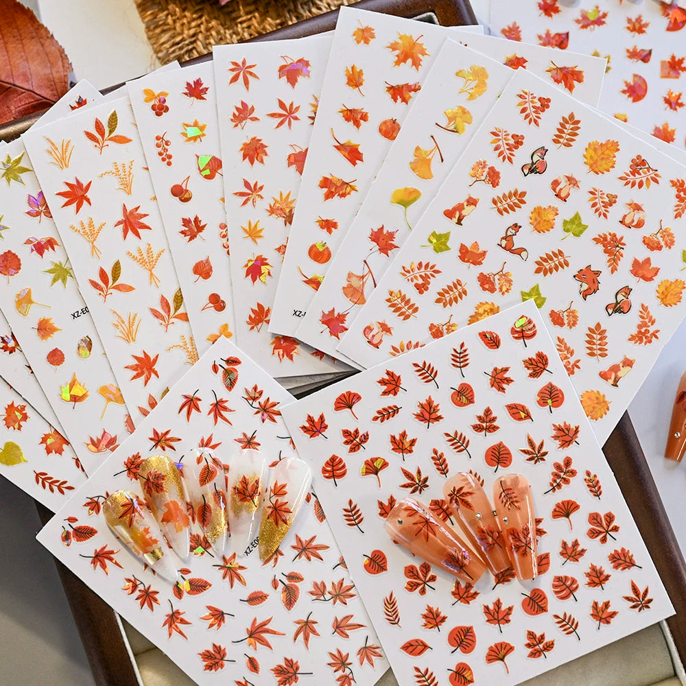 6/12Pcs 3D Halloween Maple Leaf Pumpkin Nail Stickers Ginkgo Leaves Fox Adhesive Decals Thanksgiving Autumn Manicure Decorations